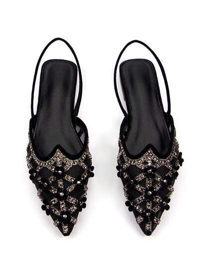 2025 Autumn Women's Glamorous Rhinestone Studded Floral Decor Black Velvet Pointed Toe Mule Slippers With Rear Strap, Elegant Comfortable For Daily Wear And Party, Flat Valentines