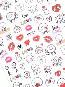 情人节指甲 3D 情人节指甲贴纸 2/4 件装可爱心形红唇卡通图案字母 DIY 浪漫自粘凝胶抛光贴花滑块美甲装饰女士和女孩礼物 - 彩色 - 查看 7