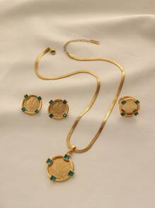 1 set elegant din aliaj de cupru, de epocă, placat cu aur, cu incrustație de strasuri, cercei cu pandantiv, inel, colier, set de bijuterii, potrivit pentru ținuta zilnică a femeilor și cadou de sărbători