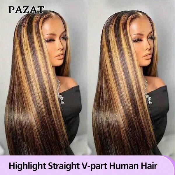 PAZAT Highlight Ombre V Part Perucă Păr uman Nu Leave Out Upgrade Dreaptă U Part Perucă Evidenția blondă braziliană Virgin Virgin Păr uman mixt Peruci de păr uman pentru femei colorate maro 180% Densitate Bob scurt Peruci (6-14 inch)