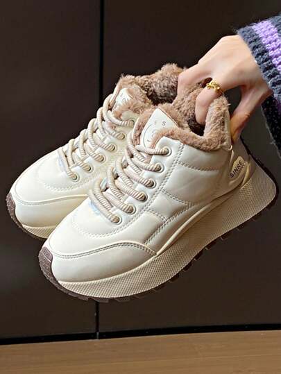 Nuevas zapatillas casuales aisladas color marrón chocolate 2024 para mujer, estilo coreano de moda, zapatos de plataforma con suela gruesa y cordones, versátiles y cálidos para el invierno