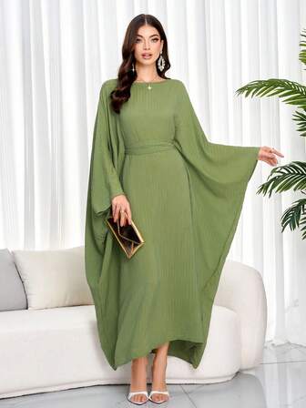 优雅休闲连衣裙，非常适合度假、聚会和日常穿着，绿色，纯色蝙蝠袖束腰连衣裙