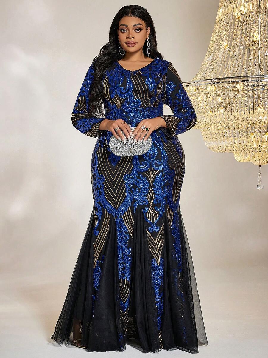 大码女装彩色重工华丽鱼尾拼接雪纺长袖优雅连衣裙