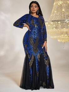 大码女装彩色重工华丽鱼尾拼接雪纺长袖优雅连衣裙