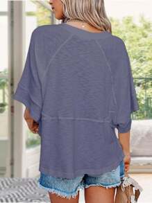 Women's Summer Casual Crewneck Batwing Half Sleeve T-Shirts Solid Color Loose Fit Cute Basic Flowy Tops Tees Blouses - Navy Blue - View 3