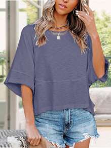 Women's Summer Casual Crewneck Batwing Half Sleeve T-Shirts Solid Color Loose Fit Cute Basic Flowy Tops Tees Blouses - Navy Blue - View 2