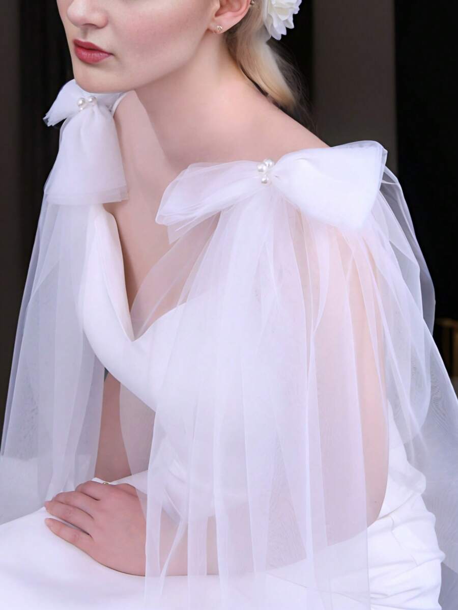 1 Pair Detachable Shoulder Shawl, With Pins, Delicate Chiffon Shoulder Decor With Bow, Suitable For Women In Autumn