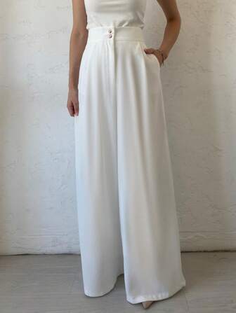 Women's Casual Solid Color Wide Leg Pants, Suitable For Commuting