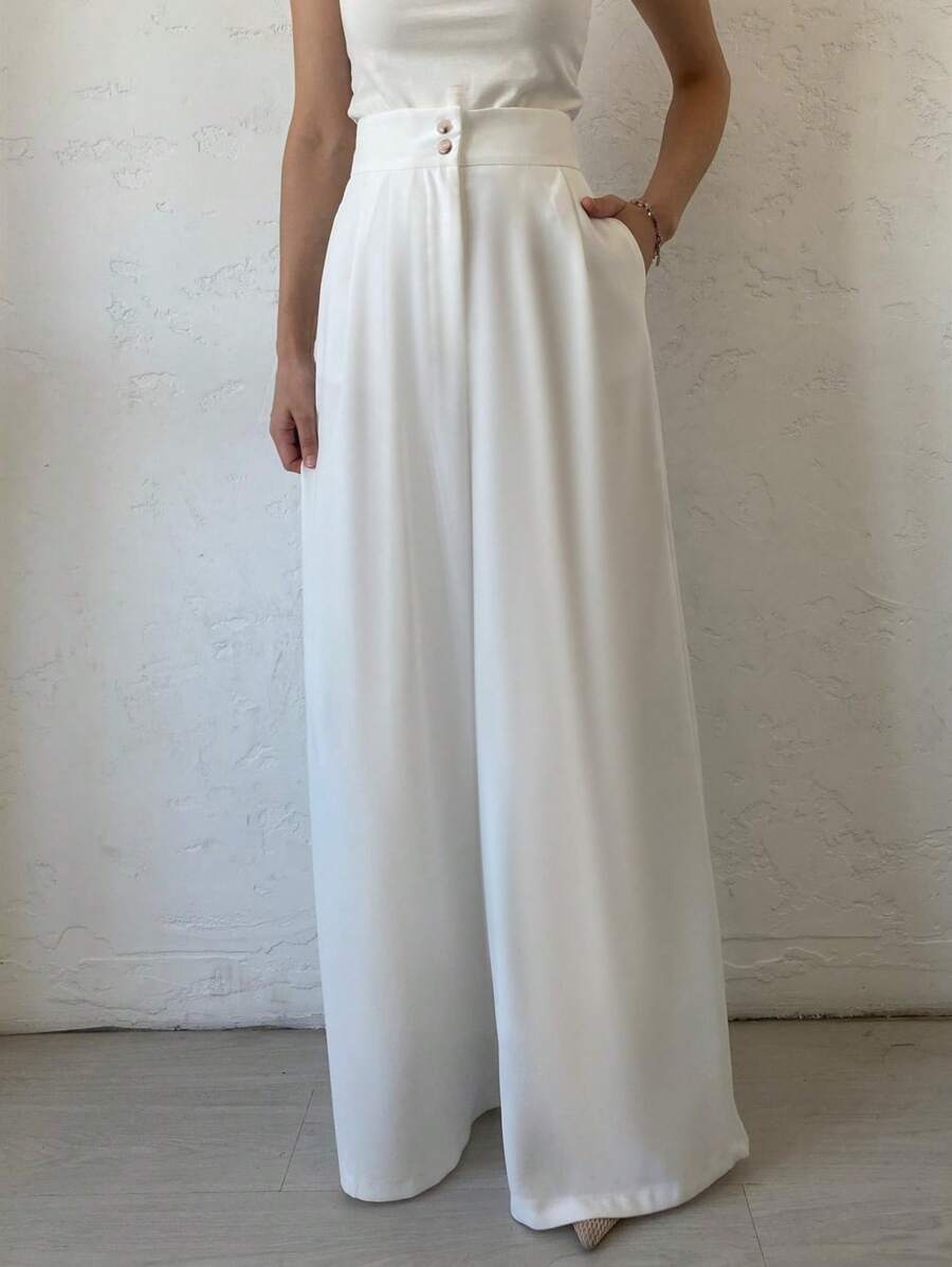 Damen Lässig Unifarbe Weite Hose, geeignet für den Berufsalltag - Weiss - Übersicht 1