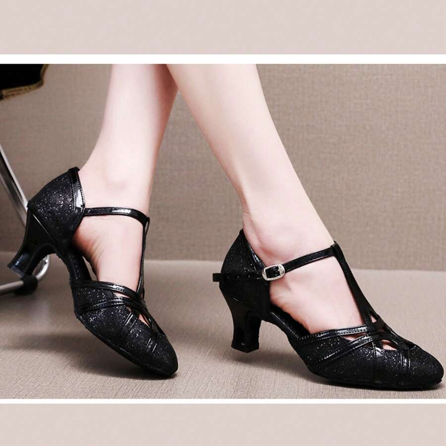 Damen Latein T-Strap Tanzschuhe Geschlossene Zehen Mode Salsa Tango Cha-Cha Ballsaal Performence Tanzschuhe Hochzeit Abend Party Silber 5cm Absatz 34-41EU - Schwarz 5cm Absatz - Übersicht 1
