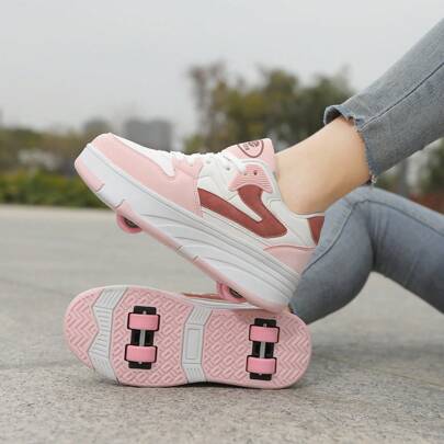 Girls Students Multi-Function Roller Skating Shoes With Wheels, Walkable & Rollable, Lace-Up Roller Skate Shoes For Teenagers, Youth