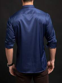 Silk Iron-Free Elastic Men's Long-Sleeved Shirt Solid Color Silky Business Casual Cardigan Composition 96% Polyester 4% Elastane/Single-Piece Shirt/Gram Weight 135g - 藏蓝色 - 查看 2