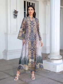 V-Neck Dress With All-Over Floral Jacquard Print, Regular Fit, Long Sleeves, Shimmery Rhinestone Embellishment, Elegant Moroccan Jalabiya Robe For Women