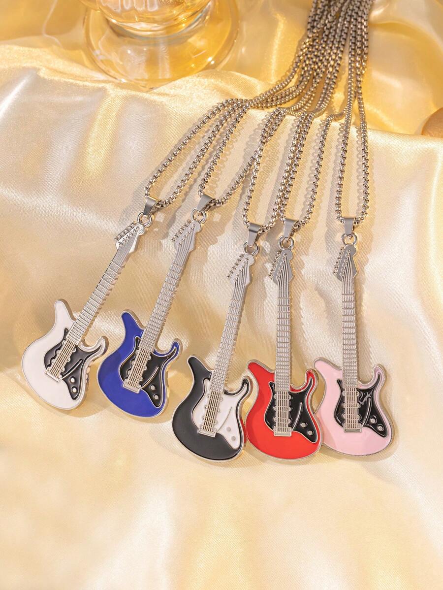 1-5pcs Fashionable Hip-Hop Stainless Steel Guitar Pendant Necklaces