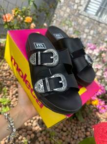 Moleca Women's  Sandals Buckle Flat Original Papete Slide Casual Everyday - IVF đen Bạc - Xem 2