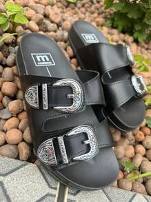 Moleca Women's  Sandals Buckle Flat Original Papete Slide Casual Everyday - IVF đen Bạc - Xem 4