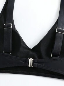 Women Sexy Criss-Cross V-Neck Swimwear, Fashionable High Waist Solid Color Black Bikini 2 Pieces Set, For Summer Beach Vacation