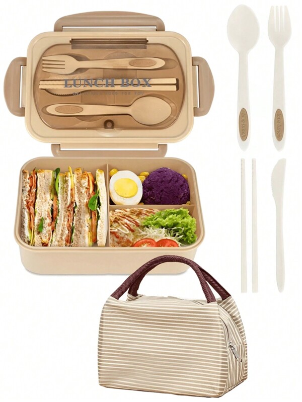 Set Bento Box Adult Lunch Box, Containers For Adults Men Women With 3 Compartments, Lunchable Food Container With Utensils, Sauce Jar, Muffin Liners, Microwave & Dishwasher Friendly, Brown, (Send Knives, Forks, Spoons, And Chopsticks ),Kitchen,Christmas Gift