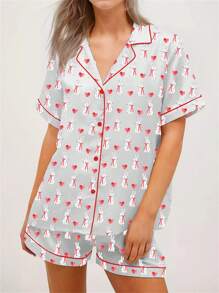 Women Easter / Valentine's Day Pajamas Sets Y2K Hearts/Bow/Rabbit Print Short Sleeve Button Down T-Shirt And Elastic Shorts Sets Cute Loungewear Soft Sleepwear