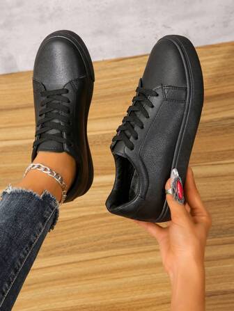 Women Plus Size Black Athletic Sneakers Fashion White Flat Base Casual Lace-Up Sports Shoes (Size Runs Small, Suggest Ordering One Size Up)