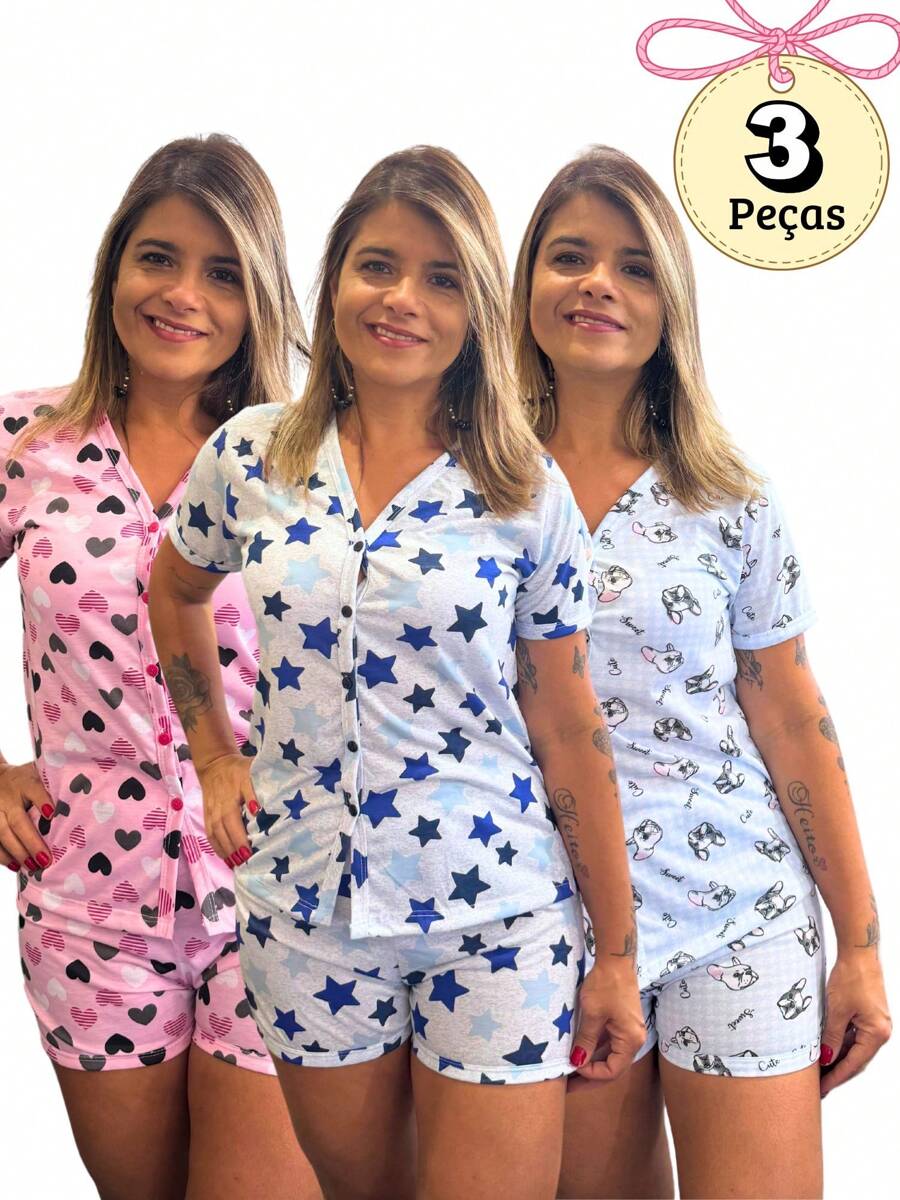 Kit With 3 American Surgical Breastfeeding Pajamas With Luxury Buttons Premium Mesh Blogger - Medium Wash - View 1