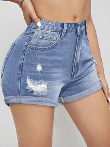Women's Summer Casual Rolled Hem Distressed Washed Mid-Waist Denim Shorts, Blue - Blue - View 2