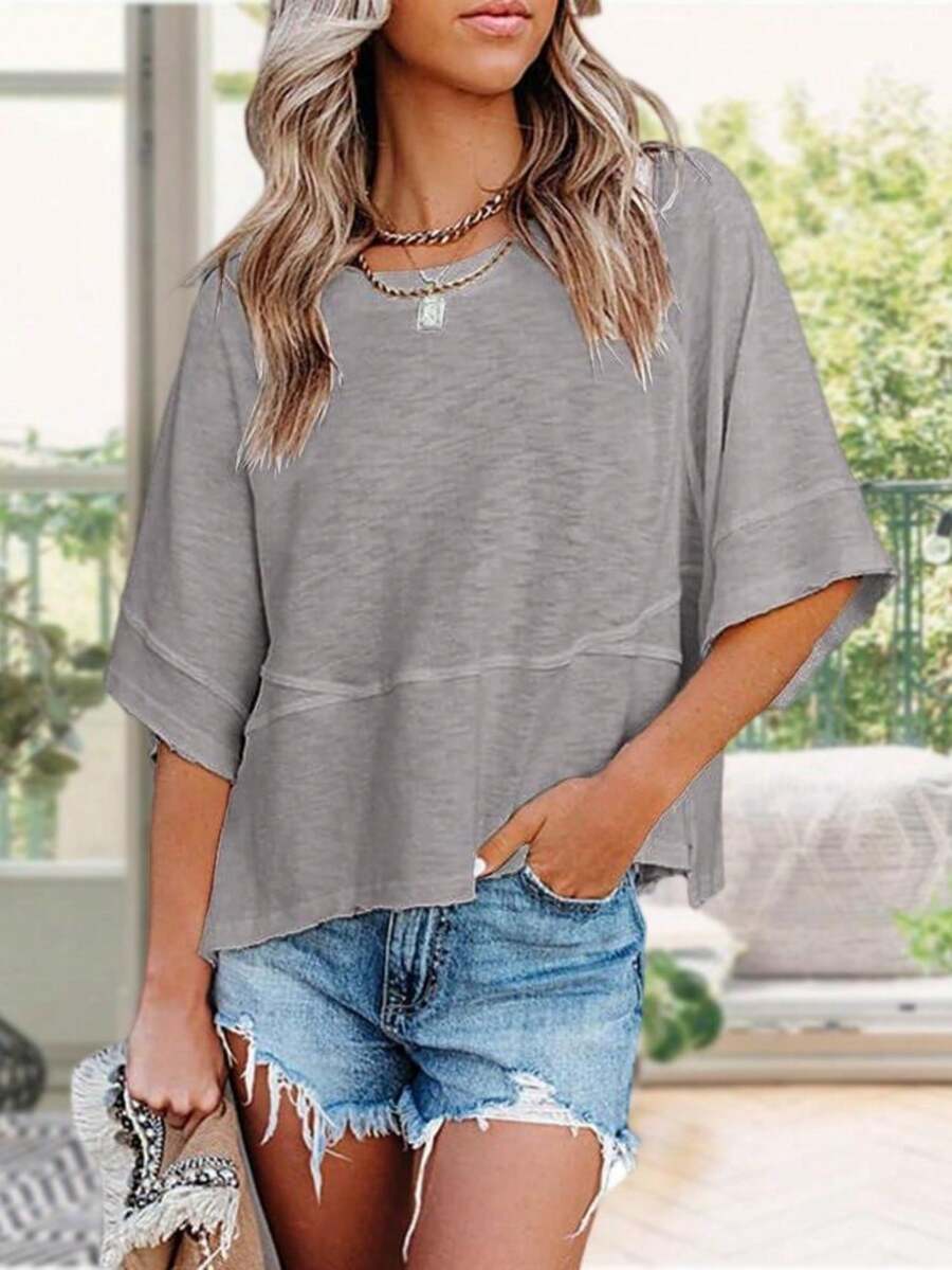 Women's Summer Casual Crewneck Batwing Half Sleeve T-Shirts Solid Color Loose Fit Cute Basic Flowy Tops Tees Blouses