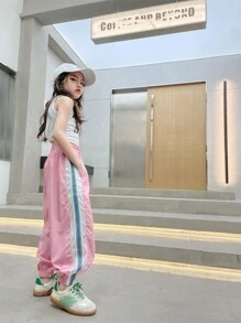 Tween Girl's Casual Contrast Color Striped Drawstring Pants