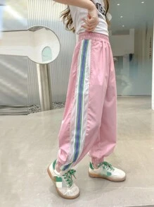 Tween Girl's Casual Contrast Color Striped Drawstring Pants