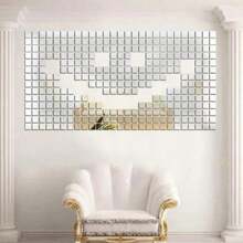 [Qty: 20/50/100/200/500/1000 Pcs] 2cm Square Acrylic Mirror Mosaic Tiles, Self-Adhesive Geometric Wall Stickers For Bedroom, Living Room, Bathroom Decor, Glass Surface, Shiny And Reusable, DIY Mirror Tiles Home Decor, Multi-Surface Installation