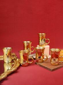 12件組金色玻璃茶杯套組，金色茶杯，可愛迷你咖啡杯，復古歐式風格/紅茶杯、水杯、牛奶杯，適用於飯店、餐廳、居家、萬聖節、聖誕節、新年、婚禮、派對活動等 (6個咖啡杯 + 6個咖啡匙) - 彩色 - 查看 6
