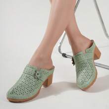 Ecetana Women's High-Heeled Mules, Platform Sandals For Women Comfortable Wedge Sandals, Hollow Out Design, Perforated Closed Toe Slip On Sandals. Perfect For Casual Green Outdoor Sandals, Women's Slide Sandals With Heel Cushion Dress Shoes Casual Summer.Women Slide Sandals With Heel For Beach, Pool, Garden - 綠色 - 查看 8