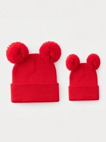 1 pieza Gorro de punto de unicolor y versátil con dos bolas, adecuado para outfits casuales de otoño/invierno de mujer