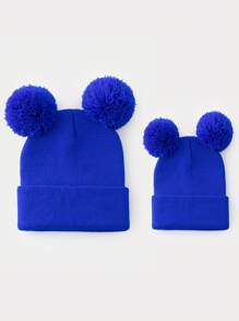 1 pieza Gorro de punto de unicolor y versátil con dos bolas, adecuado para outfits casuales de otoño/invierno de mujer