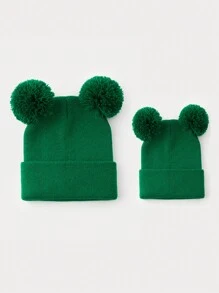 1 pieza Gorro de punto de unicolor y versátil con dos bolas, adecuado para outfits casuales de otoño/invierno de mujer