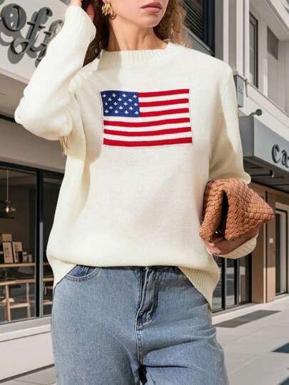 Women Vintage American Flag Long Sleeve Sweater Casual Loose Knit Crew Neck Sweatshirt Fall Winter Jumper Tops 4th Of July Pullover Outfit Y2k Aesthetic Clothes