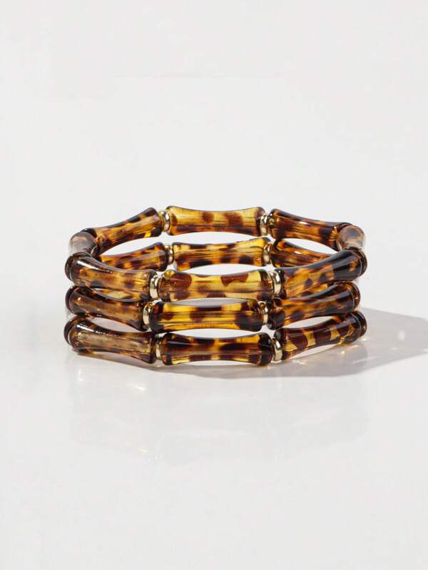 1 Set Of 3pcs Acrylic Marble Patterned Dark Green Bamboo Bead Stackable Bracelets, Suitable For Women's Daily Wear