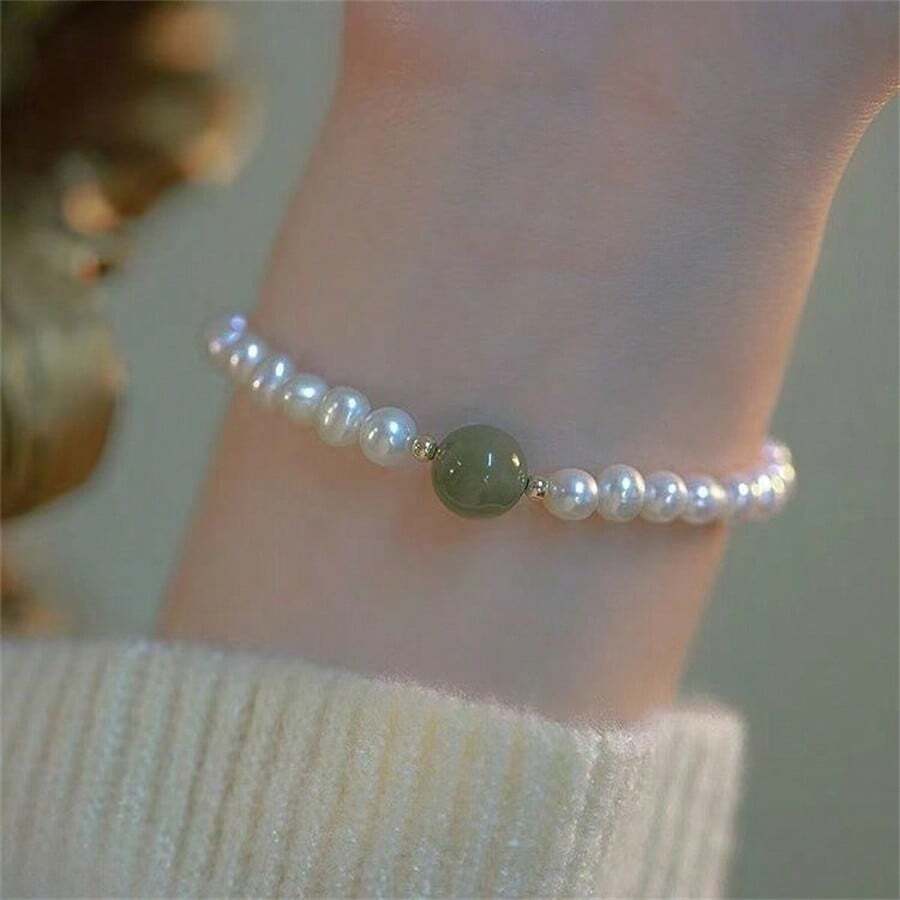 1pc/Set Popular Blue Chalcedony Bracelet Pearl Beaded Bracelet, High-End Versatile Best Friend Bracelet With Rotating Beads For Women - Blue and White - View 1