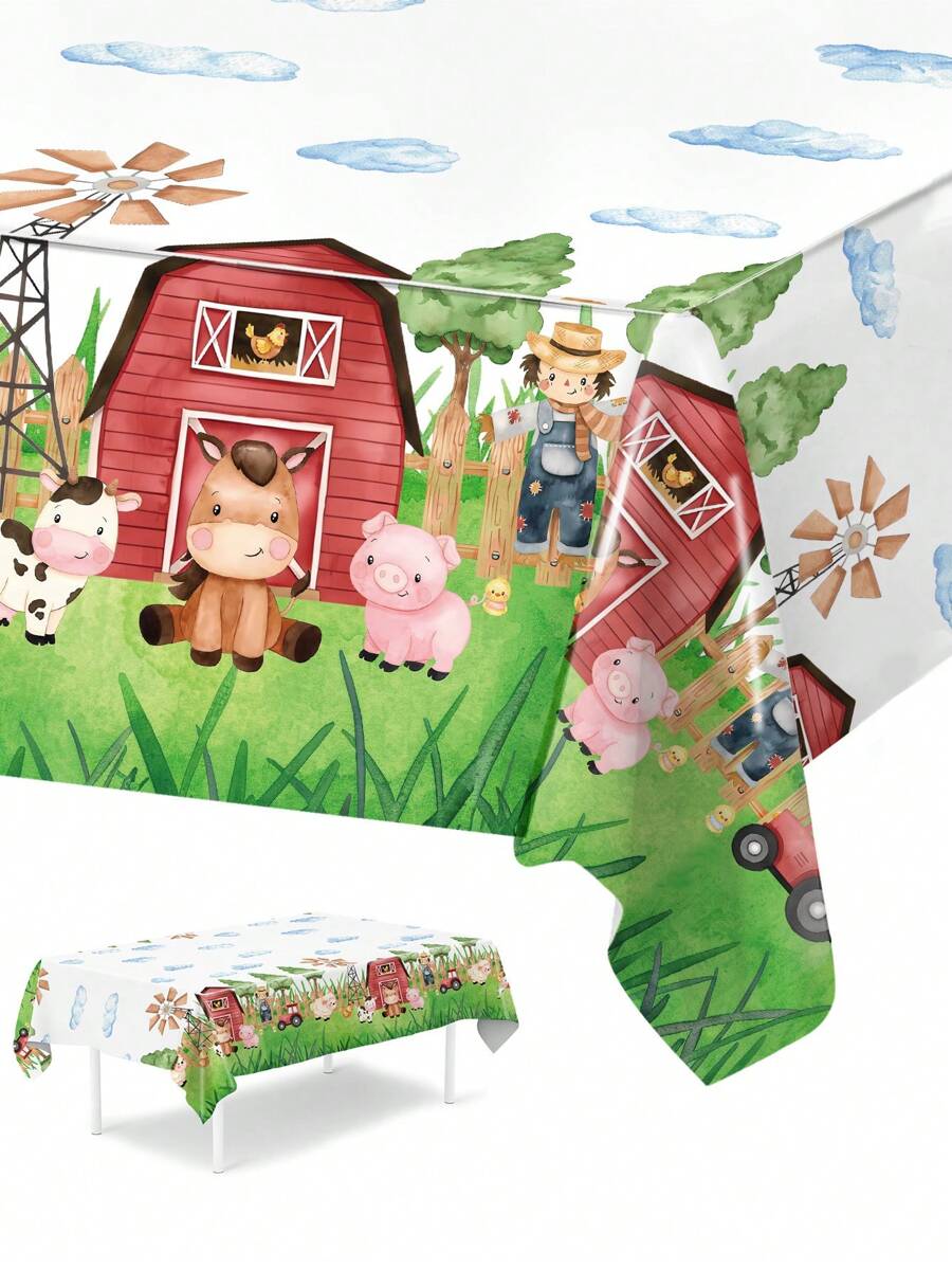 1pc 130*220cm Rectangular Tablecloth With Countryside Farm Animal Pattern, Suitable For Indoor/Outdoor Parties, Dinners, Home Decor, Birthday Parties, 1st Birthday Parties, Vintage Kitchen, Farmhouse Decor