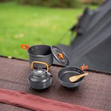 露营炊具套装 户外锅具餐具套装 烹饪水壶 平底锅 旅行餐具 远足野餐装备 - 黑色 - 查看 8