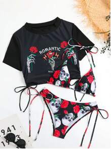 Conjunto de bikini con sujetador triangular y camiseta corta con estampado de esqueleto de rosas - Rojo - Ver 8