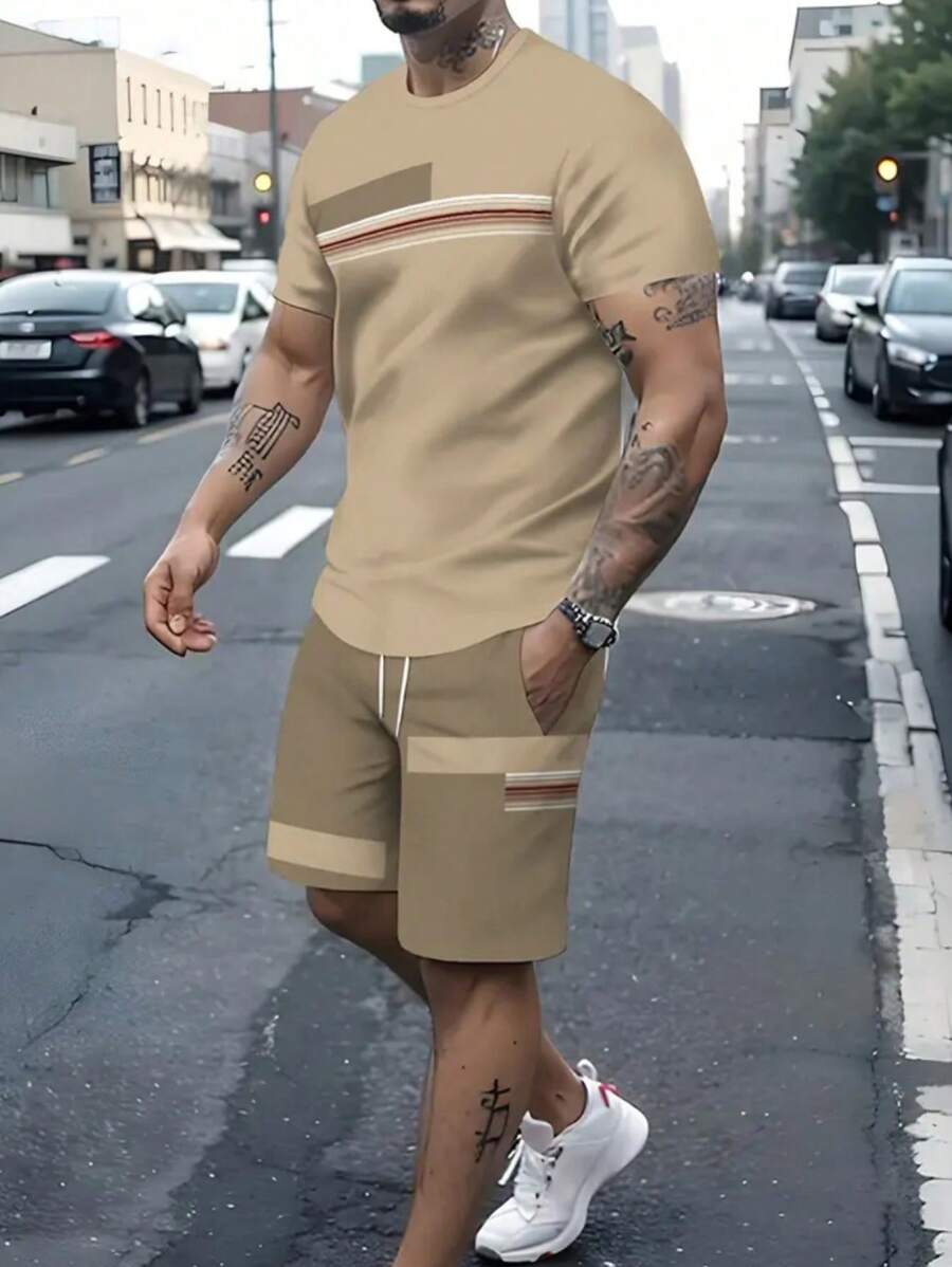 2pcs Set, Men's Casual Summer Fashion Outfit - Breathable Polyester Mesh T-Shirt And Unique Print Drawstring Shorts - Khaki - View 1