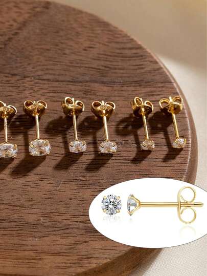 14K Gold Plated Polished Small CZ Pearl Ball Stud Earrings Set For Women Men 20G Stainless Steel Hypoallergenic Piercing Studs For Sensitive Ear, Pack Of 6 Pairs