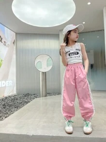 Tween Girl's Casual Contrast Color Striped Drawstring Pants