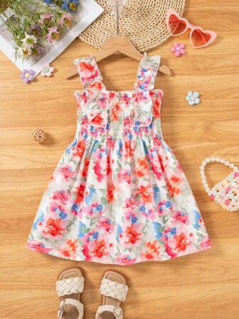 女孩夏季休闲花卉印花无袖 A 字型及膝连衣裙，常规款式，时尚服装
