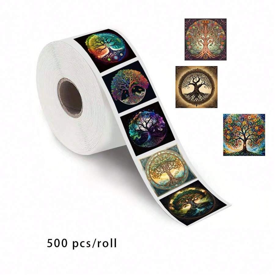 Rollo de 500 pegatinas con el diseño del árbol de la vida en 8 patrones diferentes, pegatinas decorativas personalizadas y divertidas, etiquetas, manualidades de papelería, sobres, pegatinas de sellado - pegatinas del rollo del árbol de la vida - Ver 1
