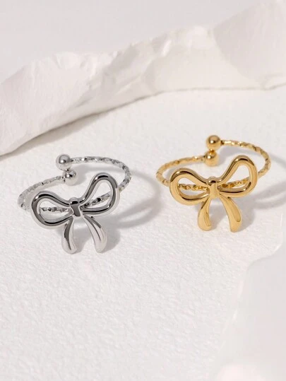 1 件时尚简约百搭小巧可爱不锈钢蝴蝶结开口戒指，适合女性日常、派对和约会佩戴