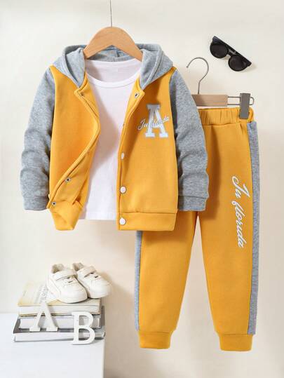 Conjunto de 2 piezas de sudadera con gráfico de letra "A" y pantalones de parchwork para niño, estilo deportivo casual, para otoño/invierno