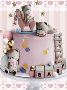 24pcs Or 1pc Cute Bear Cake Toppers, Cartoon Riding Bow Bear, Cute Little Bear Cake Decorations, Light-Colored Ladder Cake Decorations, Stars, Platinum Foam Ball Cake Decorations, Suitable For Baptism Parties, Gender Reveal Ceremony Cake Decorations, Birthday Party Cute Bear Theme Cake Decorations, Baby Shower Party Cake Decorations, Soft Rubber Material, Reusable (Pink) - Pink - View 4