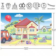 1 pezzi Sfondo per fotografia, casa dei cartoni animati, cielo blu, camion, sfondo per esterni, decorazione per feste di animali domestici, perfetto per compleanno, foto cabina, sfondo banner, studio di supporti, 210 cm x 150 cm / 150 cm x 100 cm / 100 cm x 75 cm